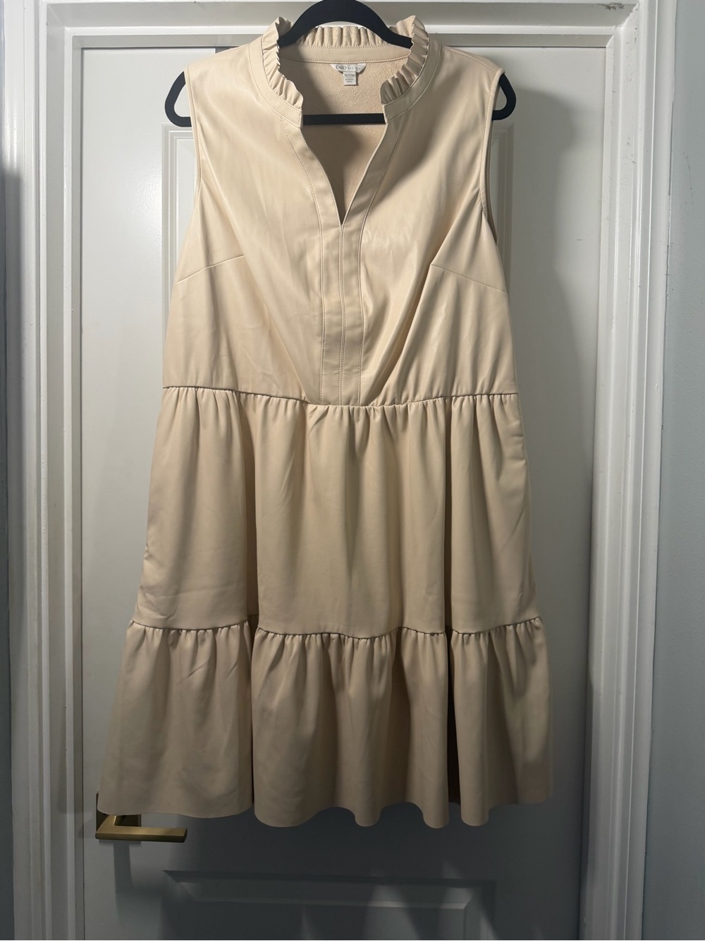 Cato Cream Tiered Leather like Dress with Ruffle Collar beautiful
